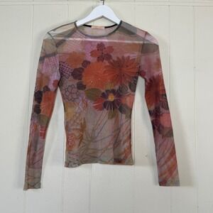 Rare Forever 21 Women Vintage Floral Mesh Top Rhinestone Sheer Y2K Size L Fairy